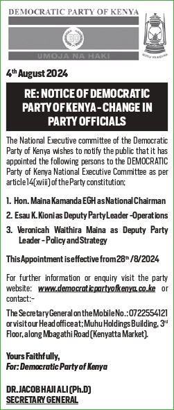 Notice : Change in Party Officials