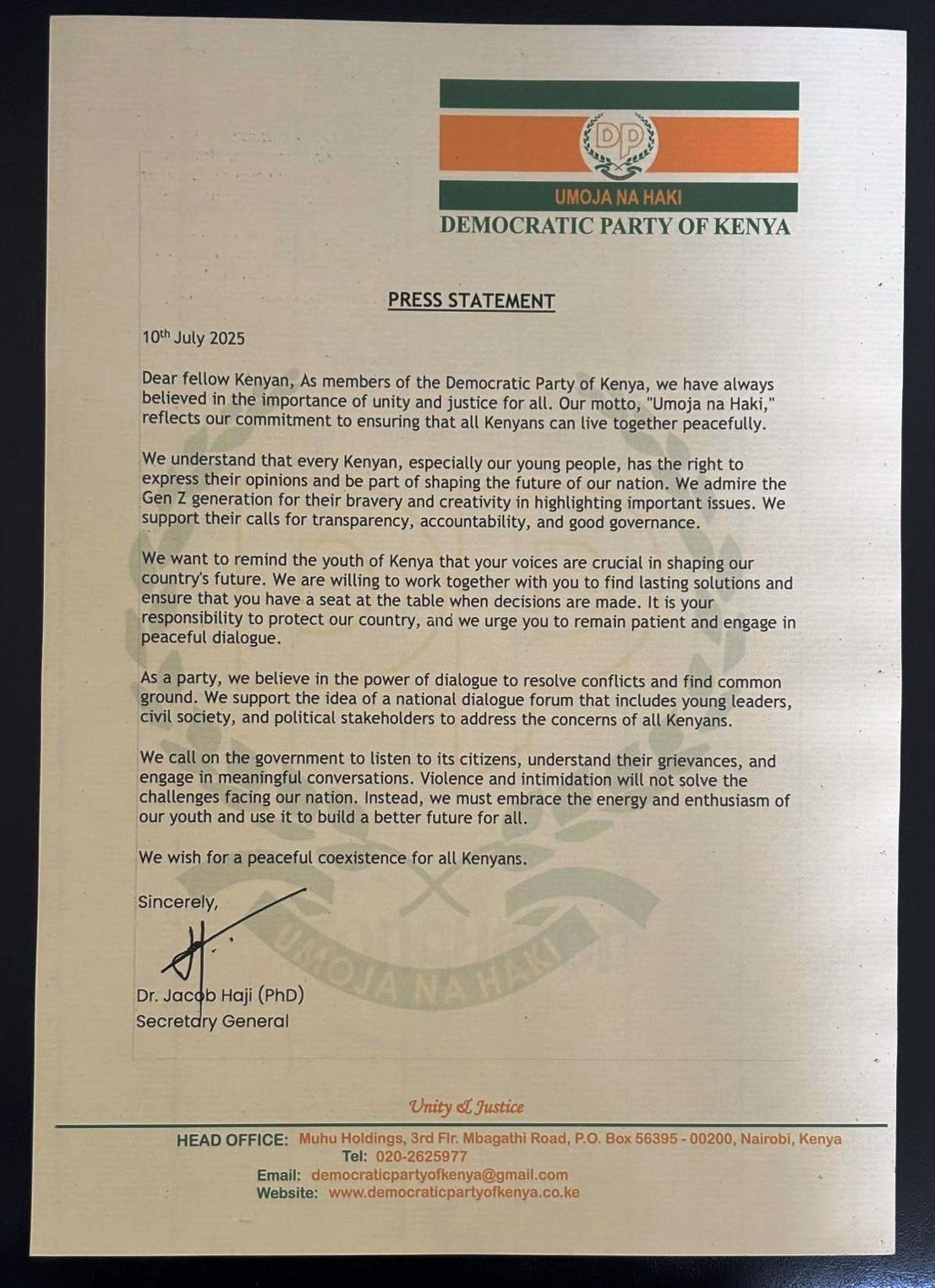 10th July 2025 – Press Statement