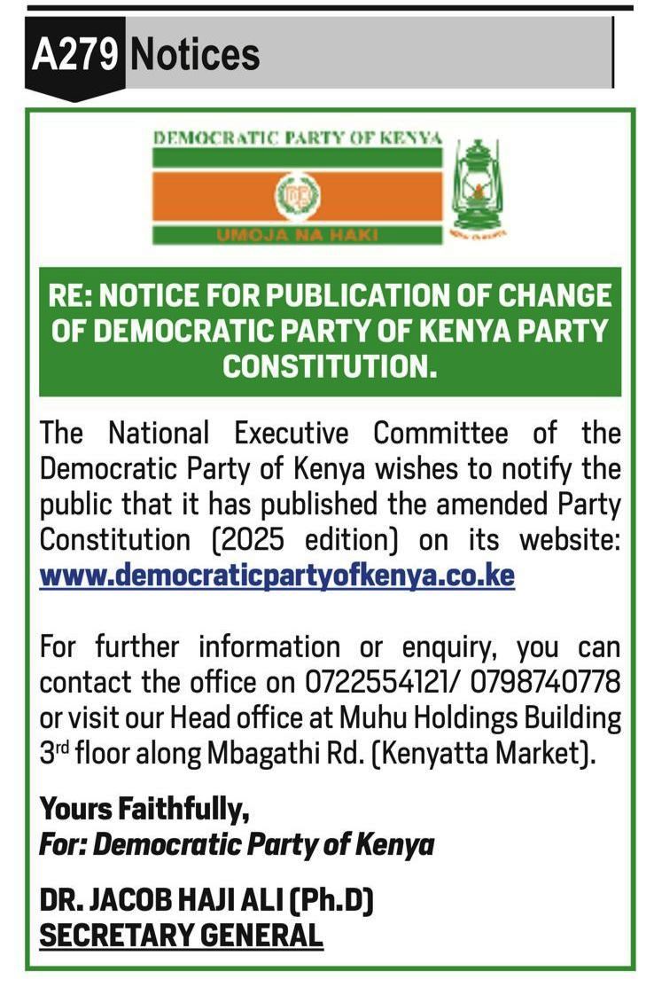 Notice For Publication of Change of Democratic Party of Kenya Party Constitution