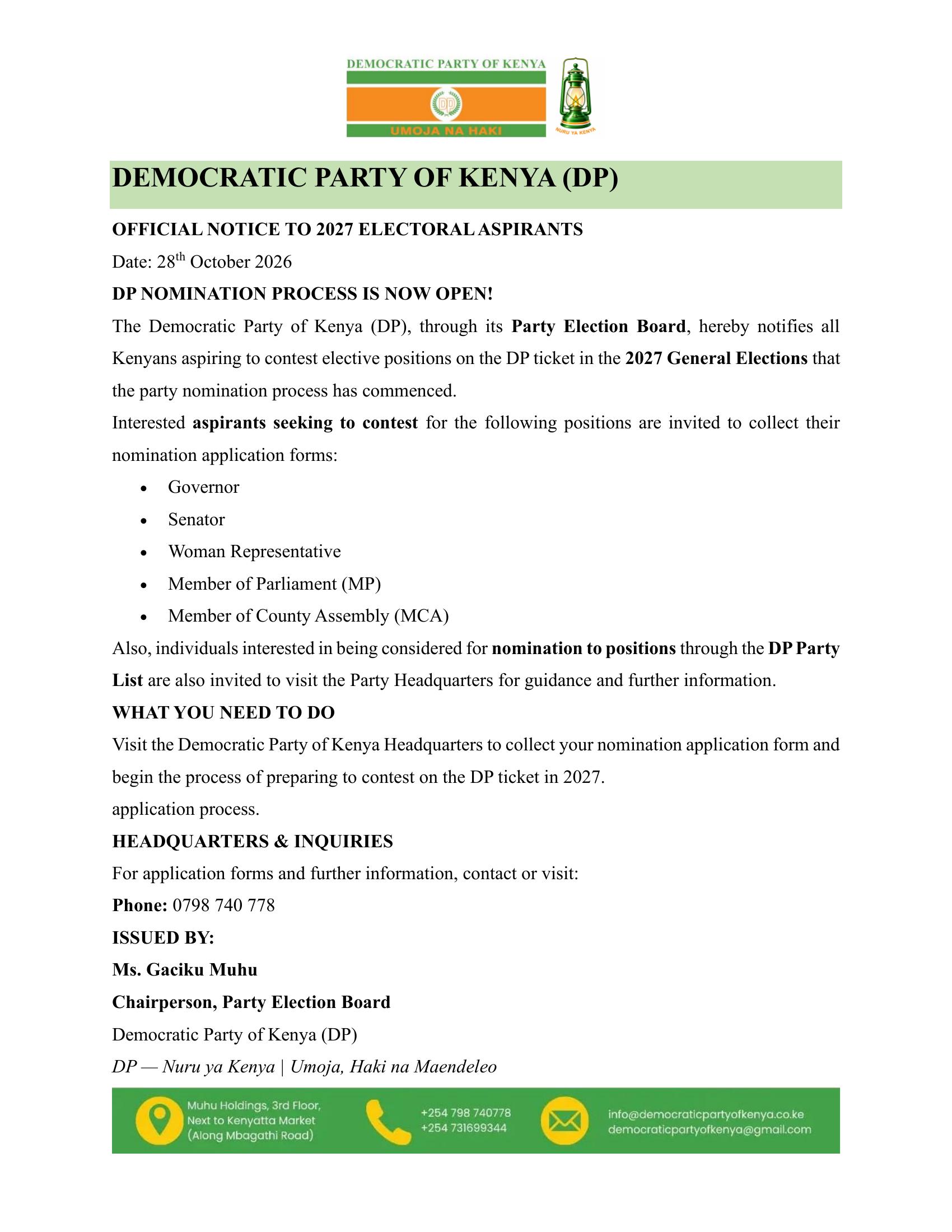 Official Notice to 2027 Electoral Aspirants